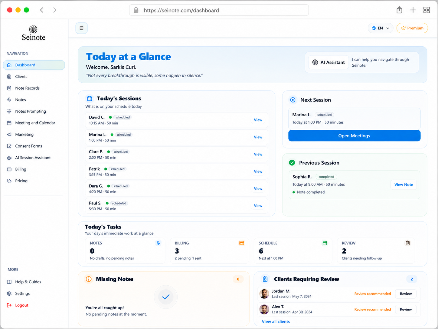 Seinote dashboard preview showing sessions, tasks and clinical workflow overview